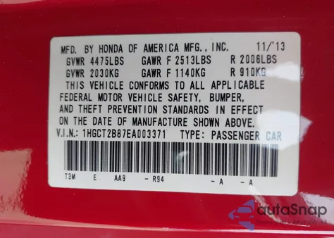 2014 Honda Accord Ex-L V-6 from USA, damaged, VIN 1HGCT2B87EA003371